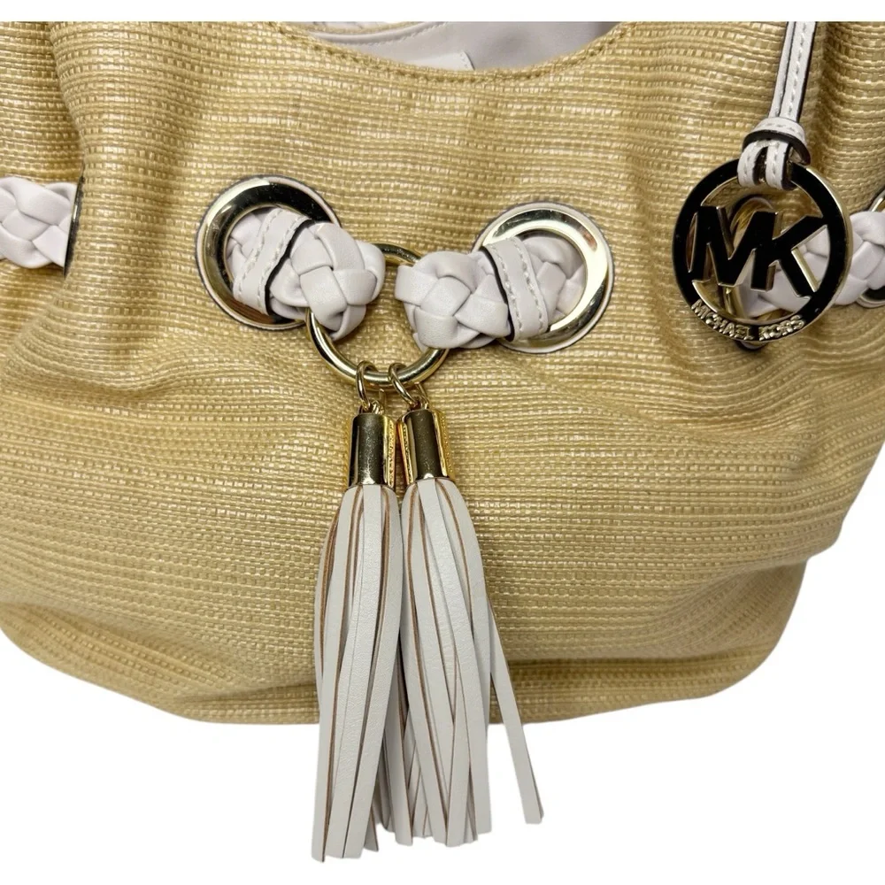 MICHAEL KORS Carlton Straw Braided Leather Hobo Gold Tassel‎ Bag Large